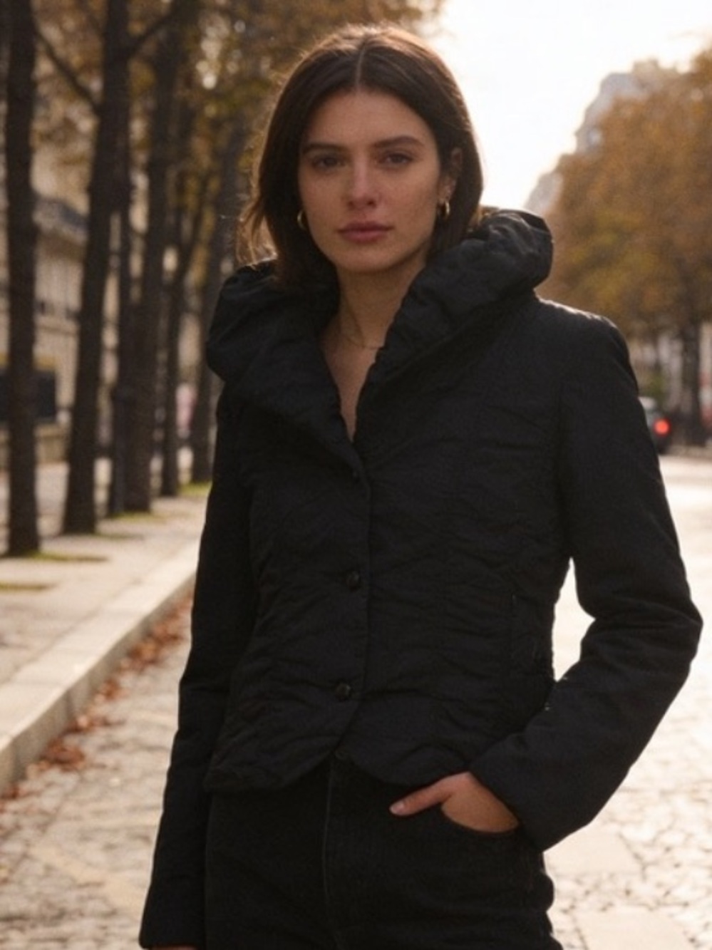 Apariori | Women’s Black Hooded Puffer Fitted Coat w/ Satin Bow | 10